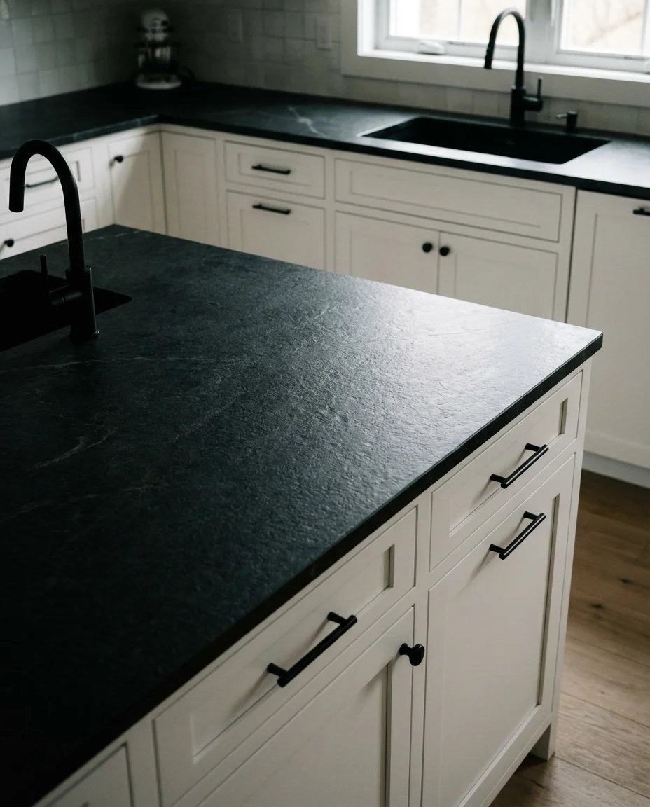 White Kitchen with Black Countertops 2