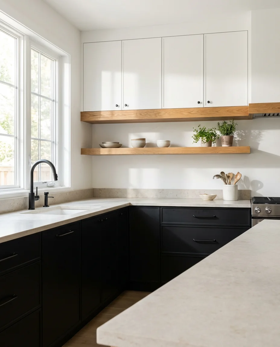 White Kitchen with Black and Wood 1