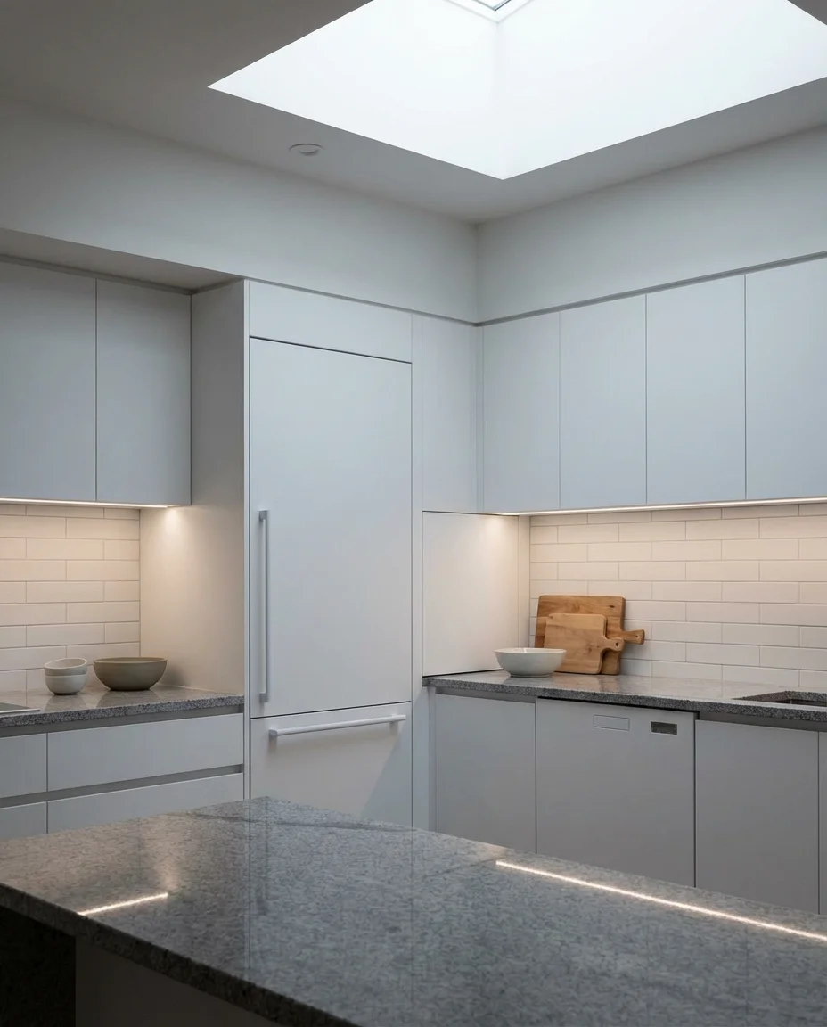 White Kitchen with Gray Countertops 1