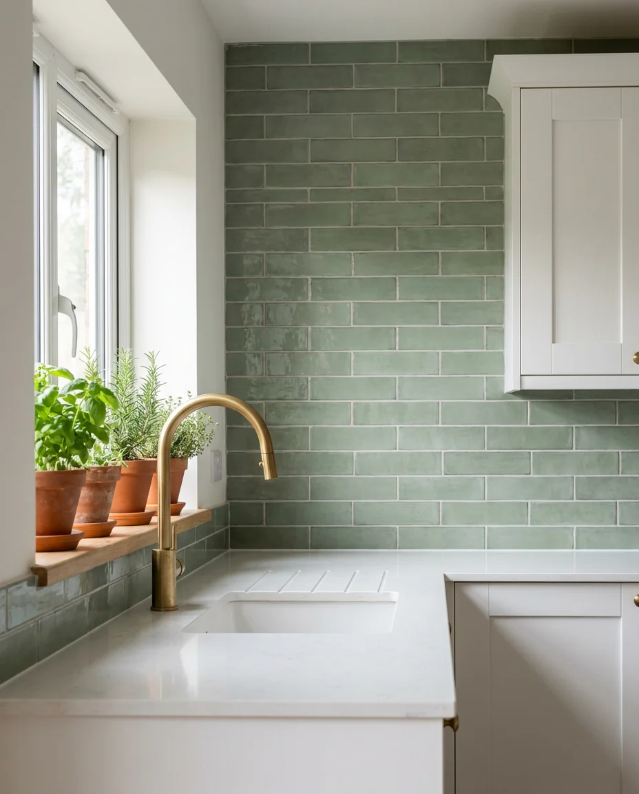 White Kitchen with Green Backsplash 1