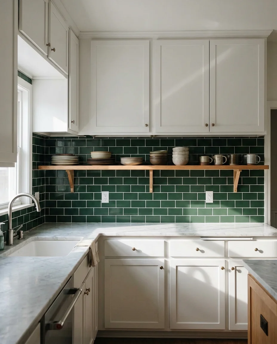 White Kitchen with Green Backsplash 2