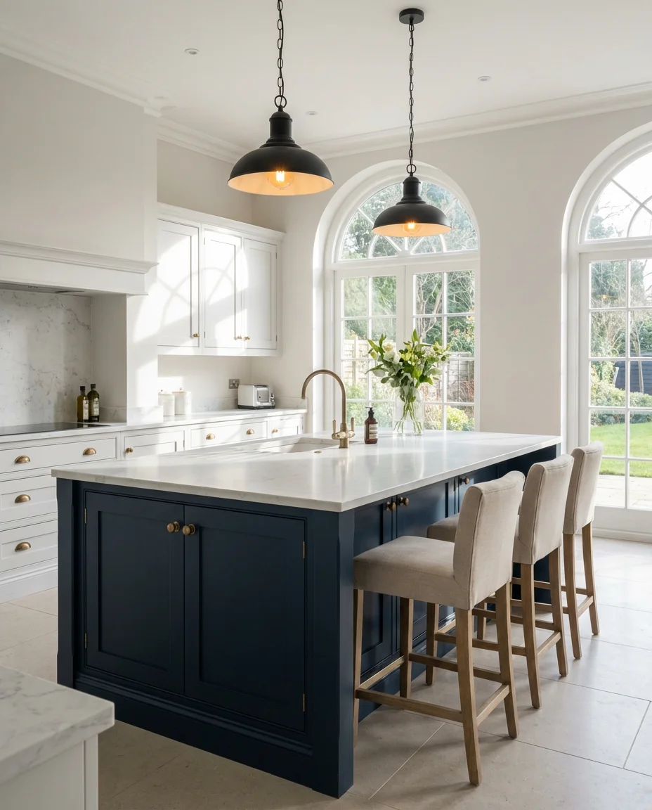 White Kitchen with Navy Island 1