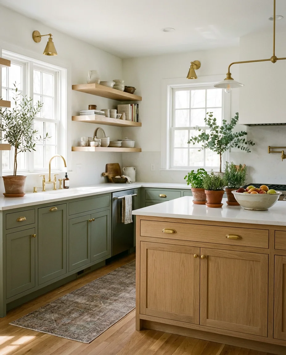 White Kitchen with Sage Green and Wood 1