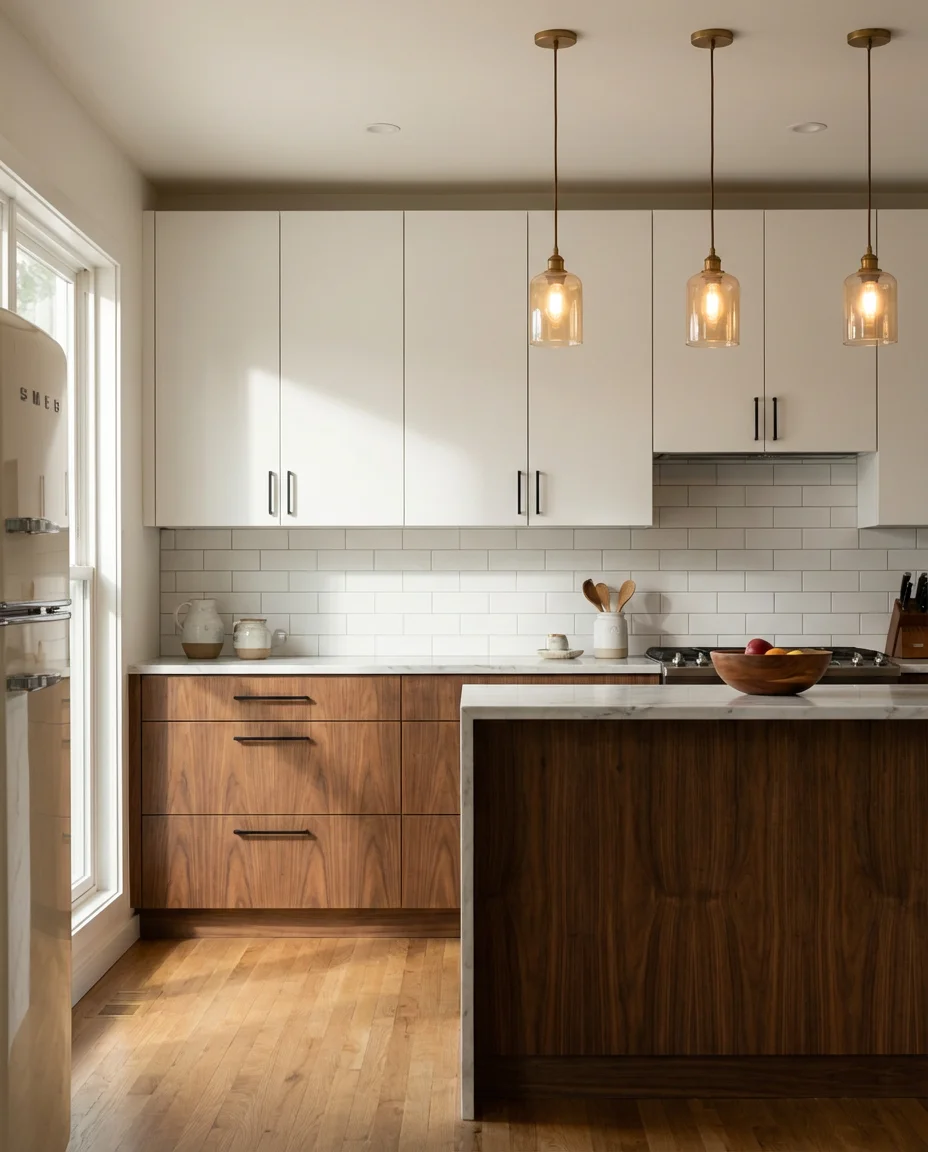 White Kitchen with Walnut Cabinets Lower Half 1