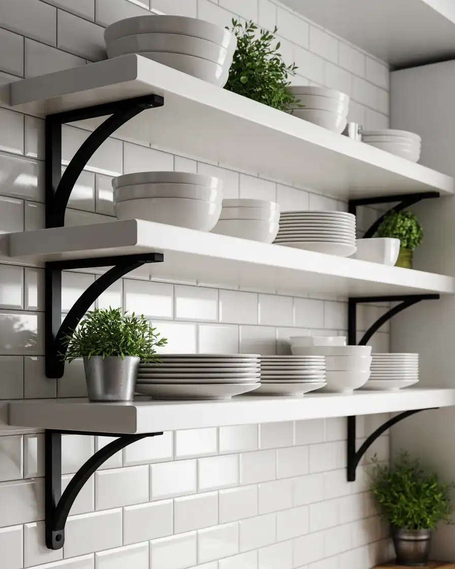 White Open Shelving with Black Brackets 1