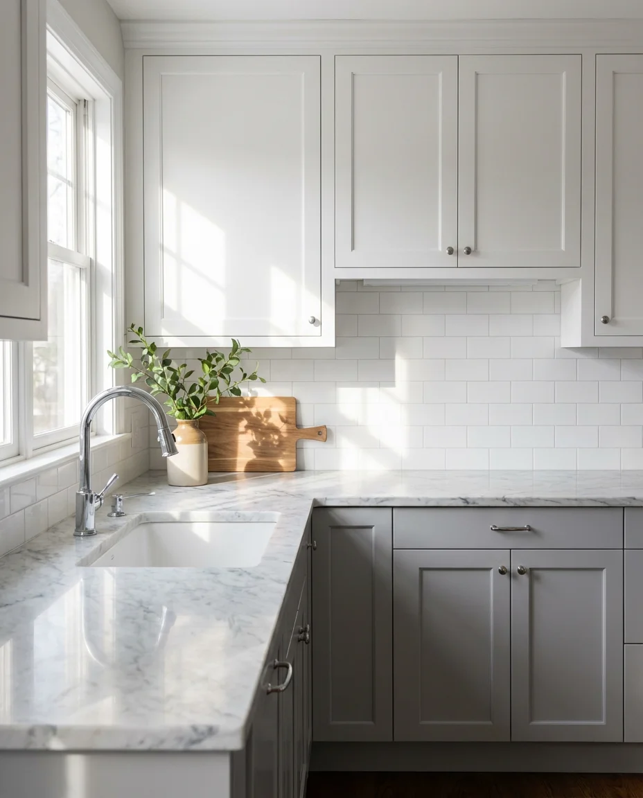 White and Gray Kitchen with Marble Countertops 1