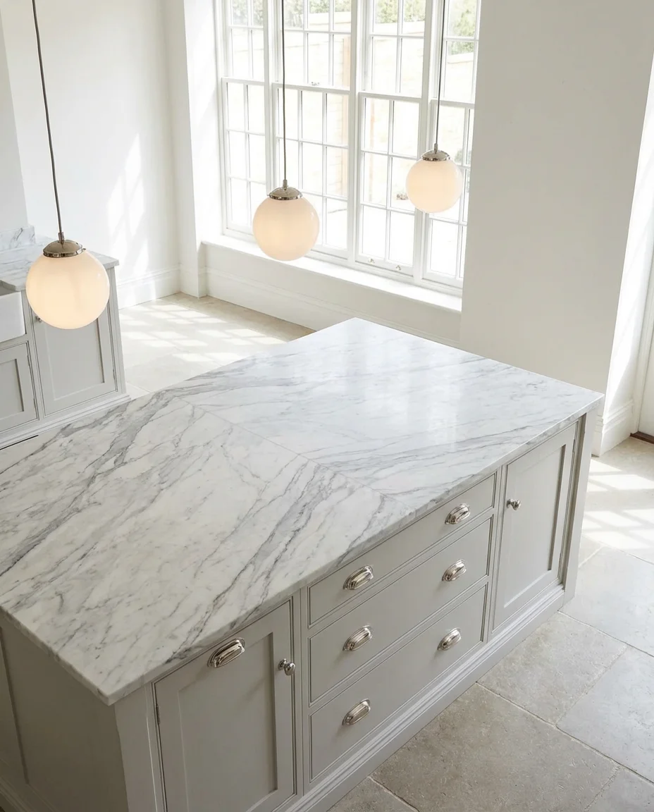 White and Gray Kitchen with Marble Countertops 2