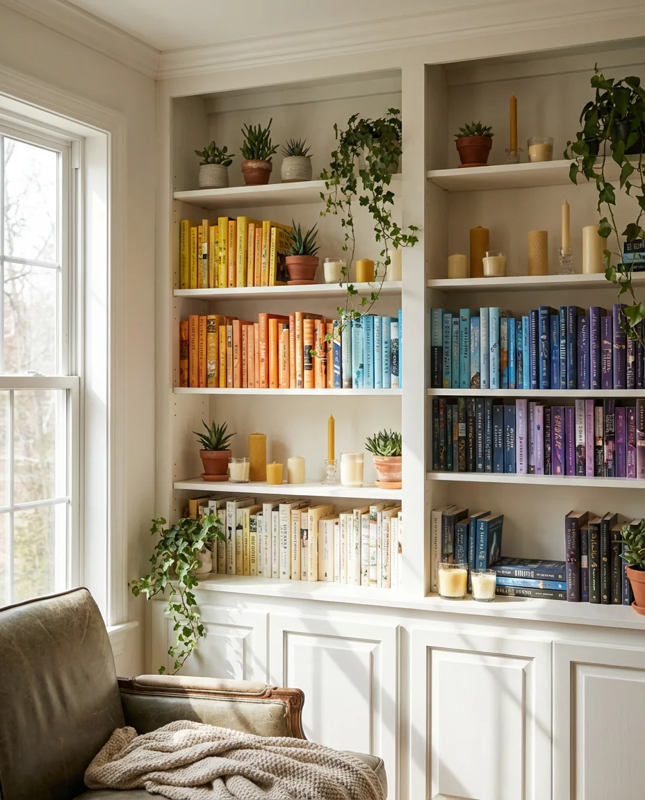 Aesthetic Bookshelf Styling with Color Coordination 1