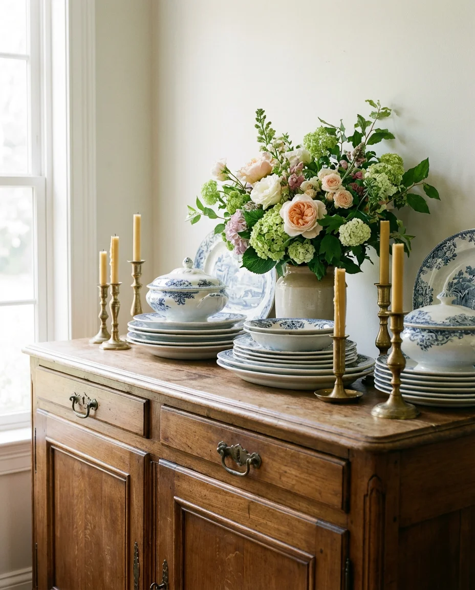Antique Sideboard Buffet with Mixed Vintage China 1