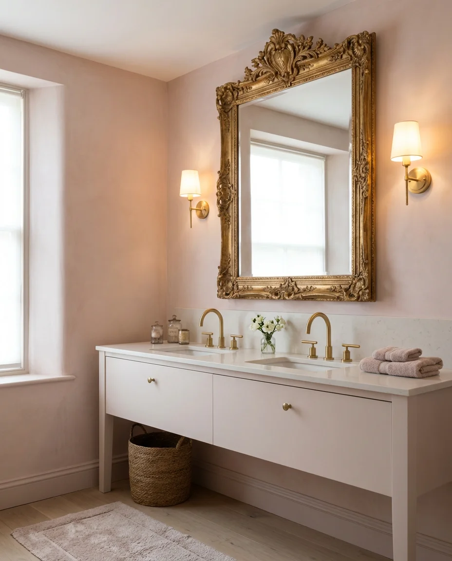 Blush Pink Bathroom With Gilded Mirror and Sconce Lighting 2