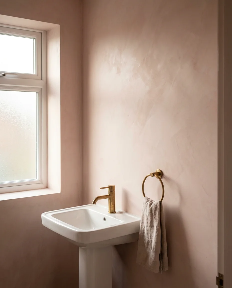 Blush Plaster Walls With Warm Brass Fixtures 1