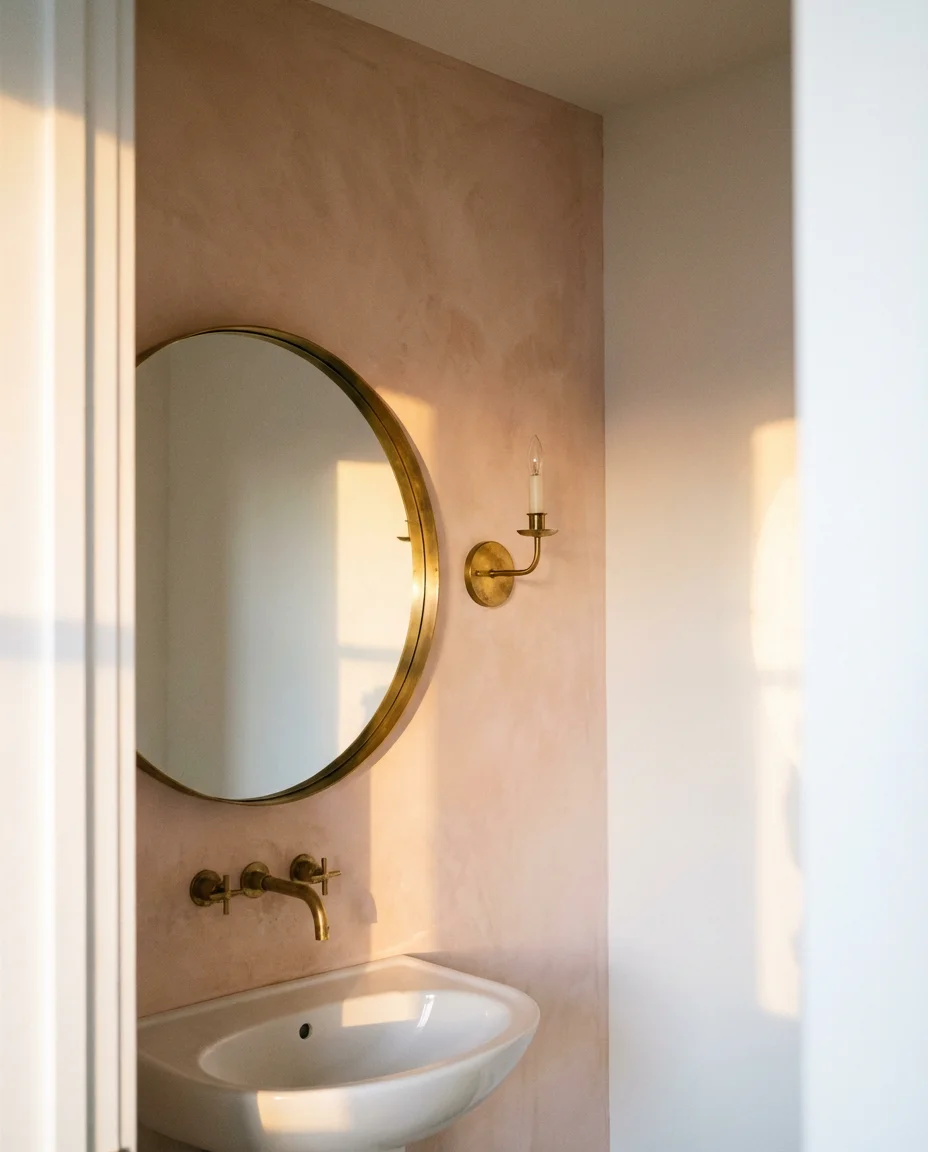 Blush Plaster Walls With Warm Brass Fixtures 2