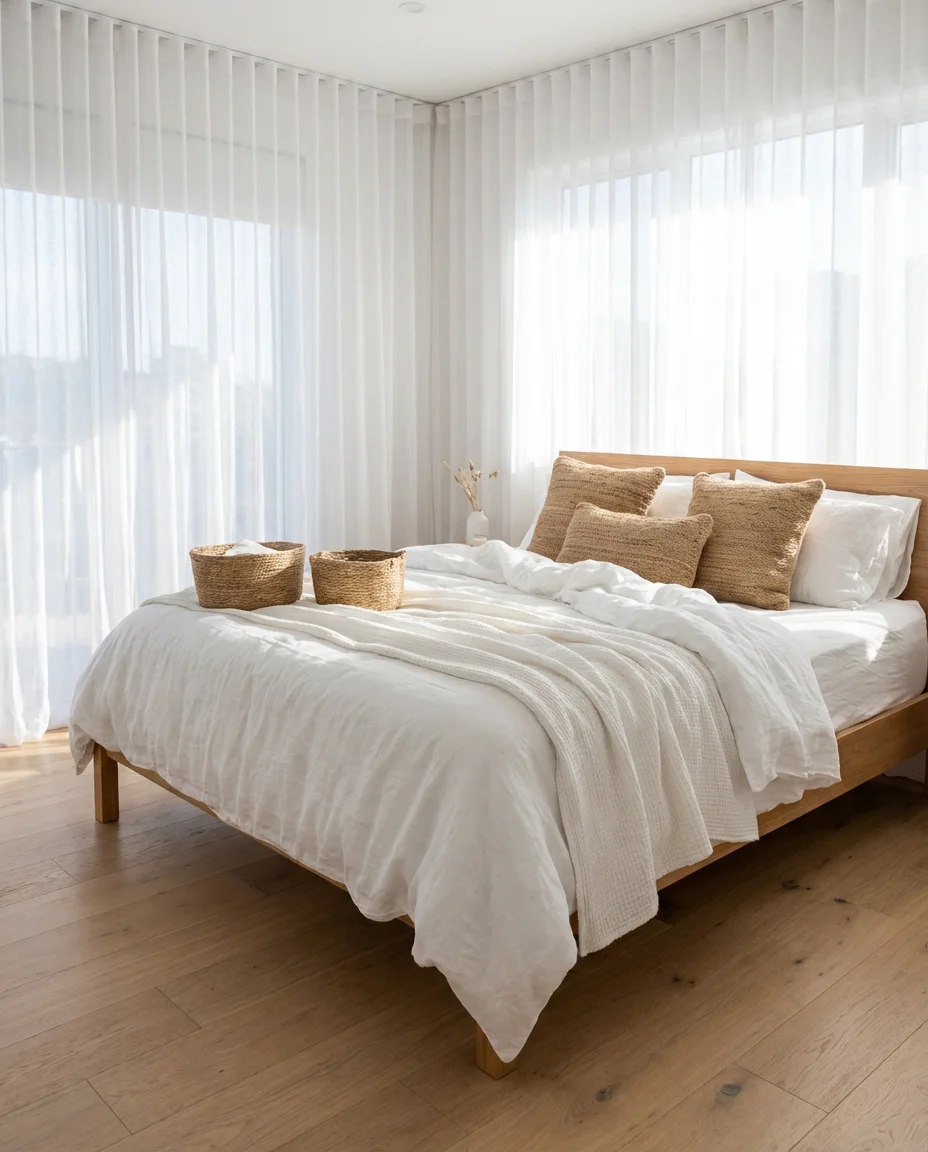 Breezy Coastal Curtains in a White and Natural Bedroom 1