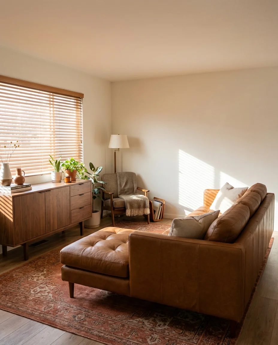 Brown Leather Sectional with a Mid-Century Edge 1