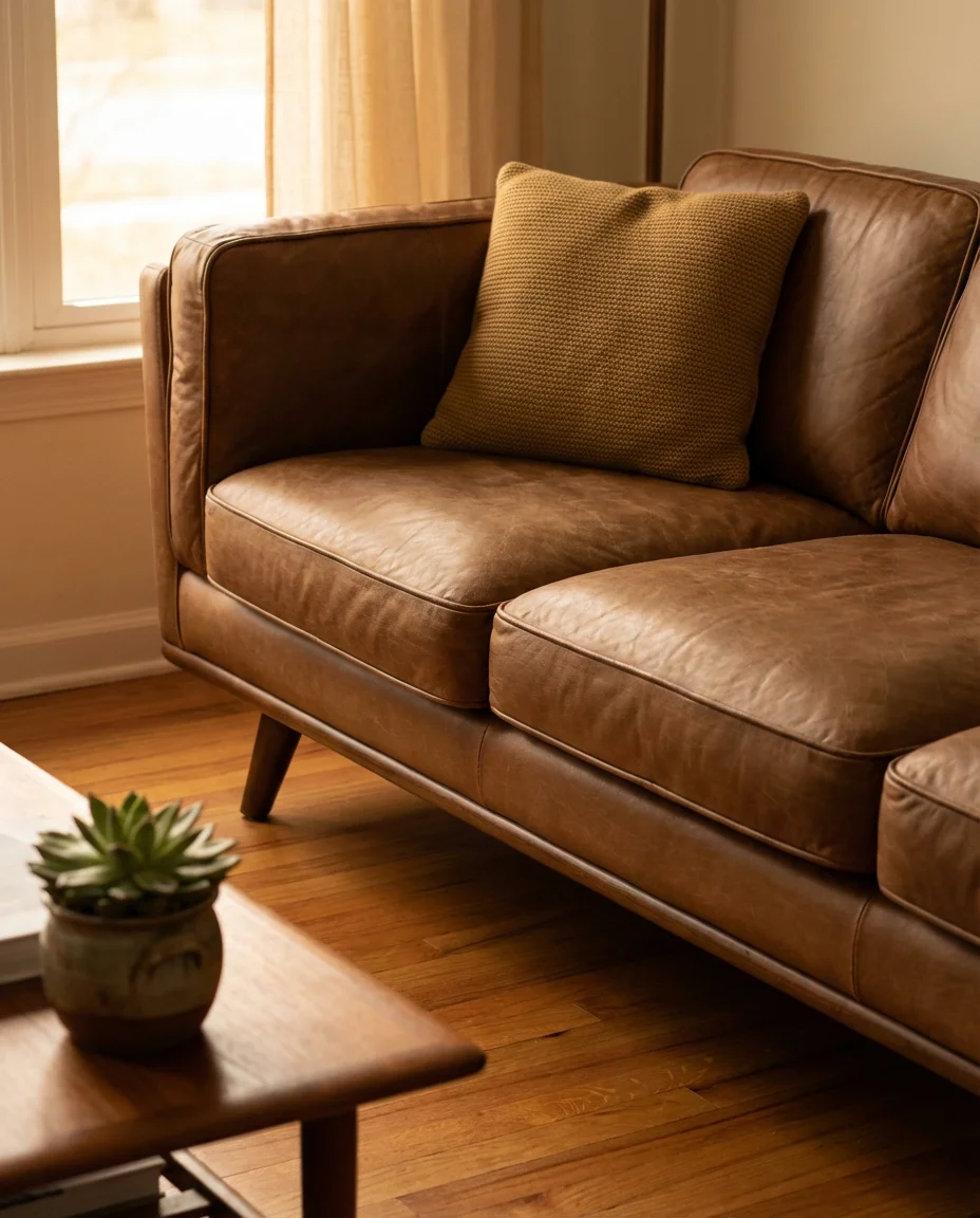 Brown Leather Sectional with a Mid-Century Edge 2