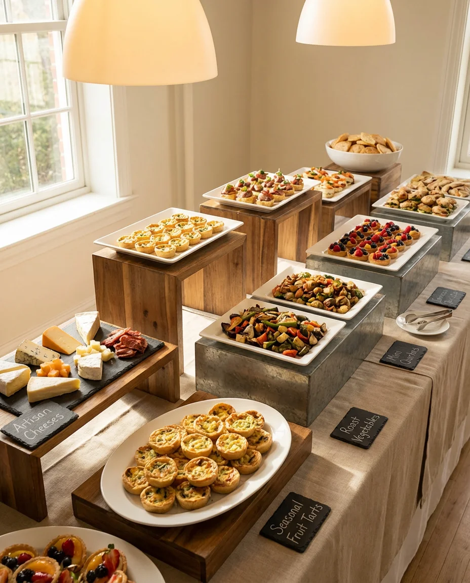 Catering Style Buffet with Tiered Risers and Labels 1