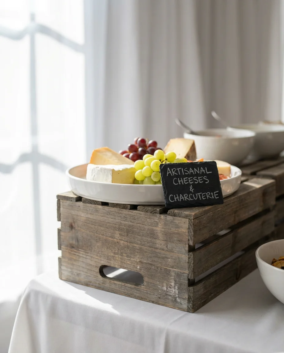 Catering Style Buffet with Tiered Risers and Labels 2