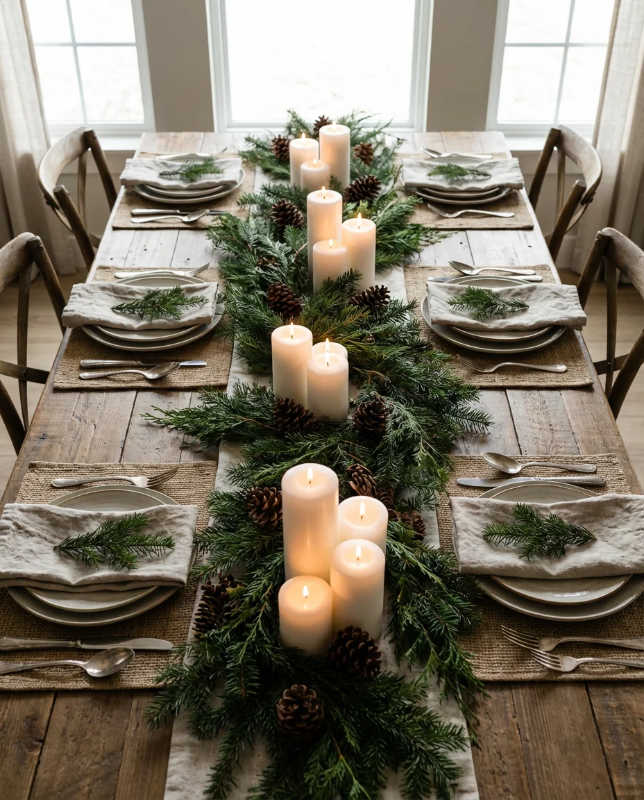 Christmas Table Decor with Pinecones and Candles 1