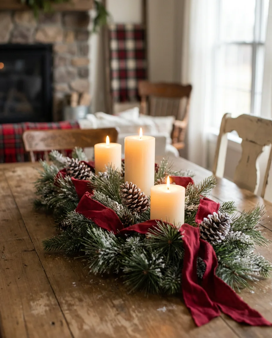 Christmas Table Decor with Pinecones and Candles 2