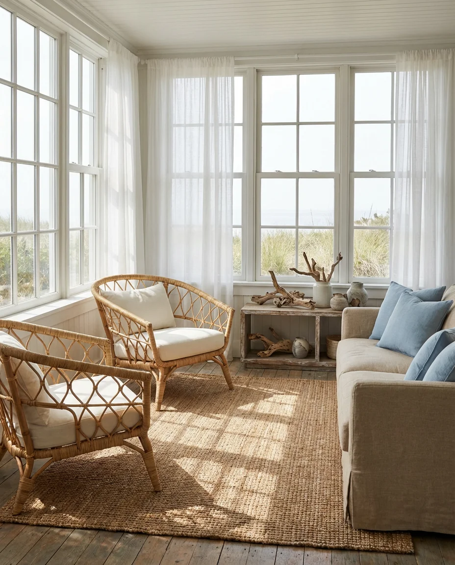 Coastal Rattan and Linen Sunroom 1