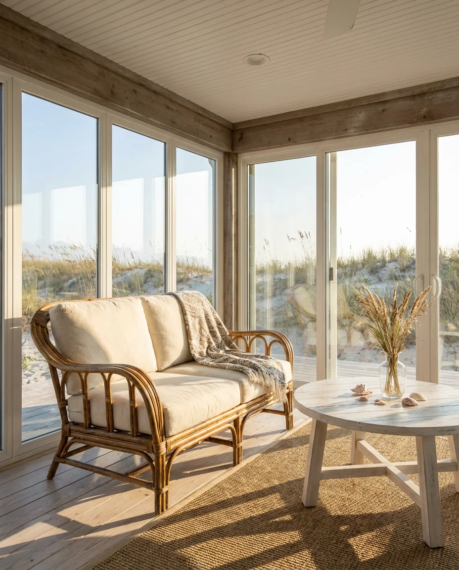 Coastal Rattan and Linen Sunroom 2