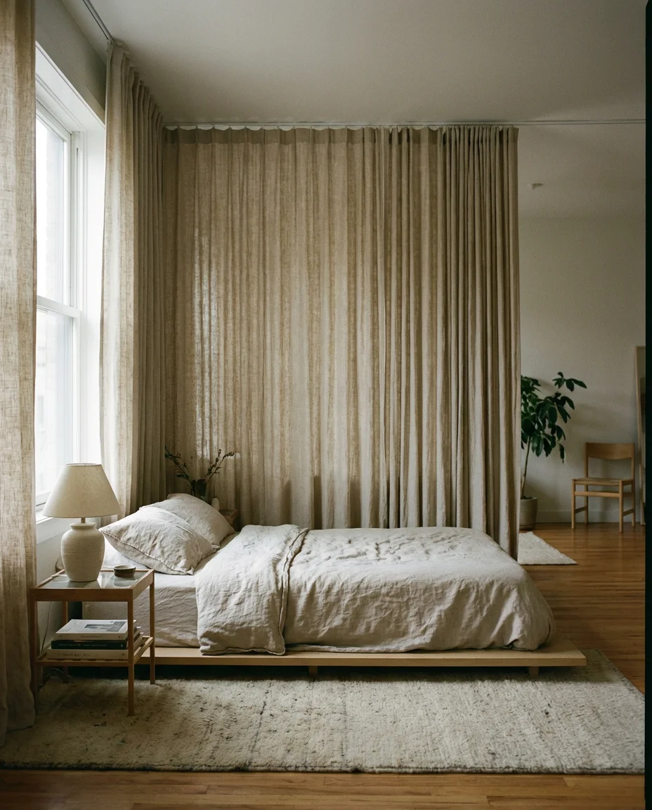 Curtains as Room Dividers in a Studio Bedroom 1