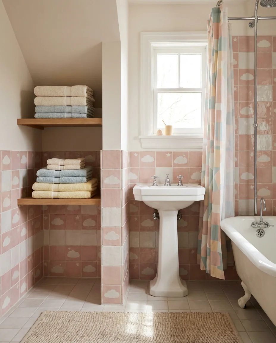 Cute Pink Kids' Bathroom With Playful Tiles 1