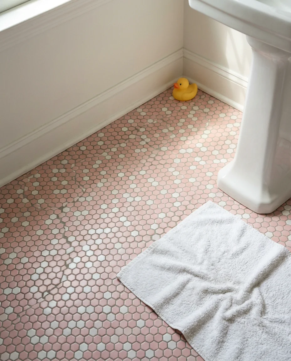 Cute Pink Kids' Bathroom With Playful Tiles 2