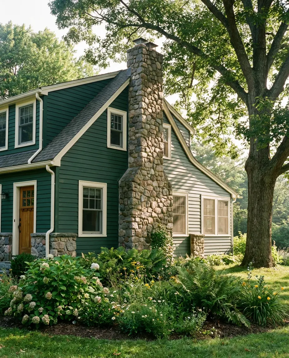 Dark Green Siding With Stone Accents 1