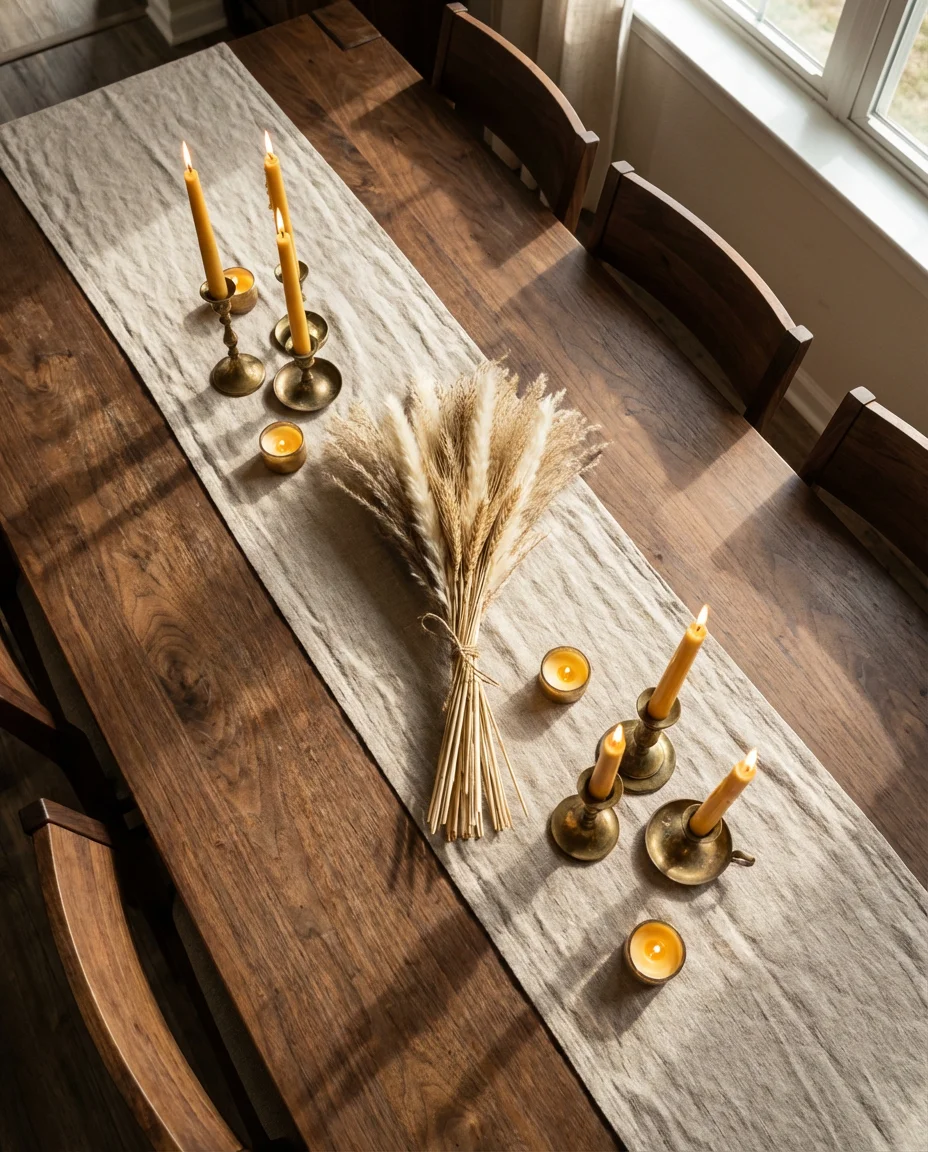 Dark Wood Table Decor with Warm Candlelight 1