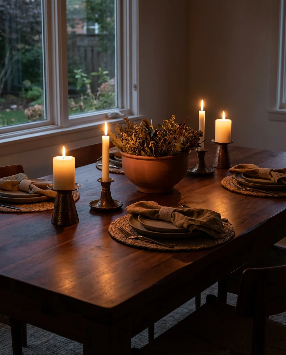 Dark Wood Table Decor with Warm Candlelight 2
