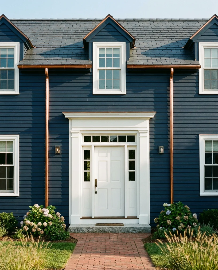 Deep Navy Siding With Copper Gutters 1