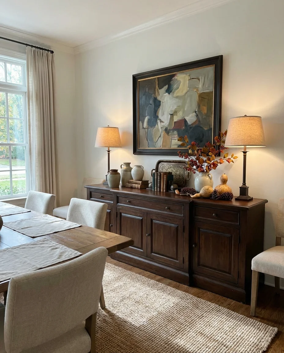 Dining Room Statement Buffet with Two Lamps and Artwork 1