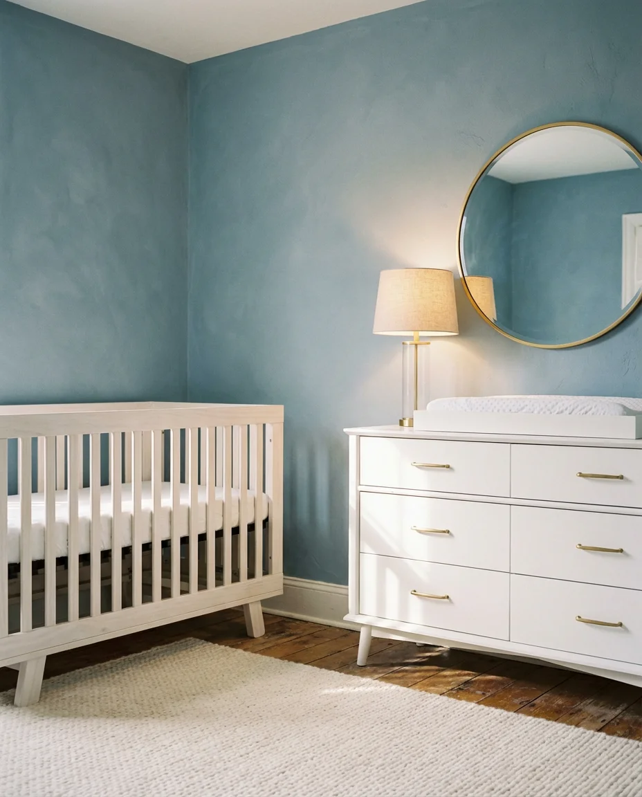Dusty Blue Nursery With Gold Accents 1
