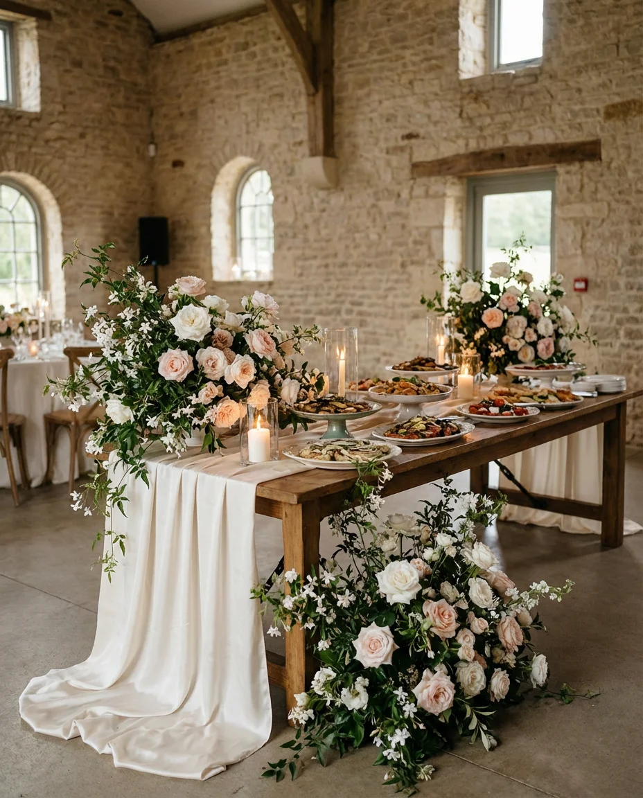 Elegant Weddding Buffet with Draping and Florals 1