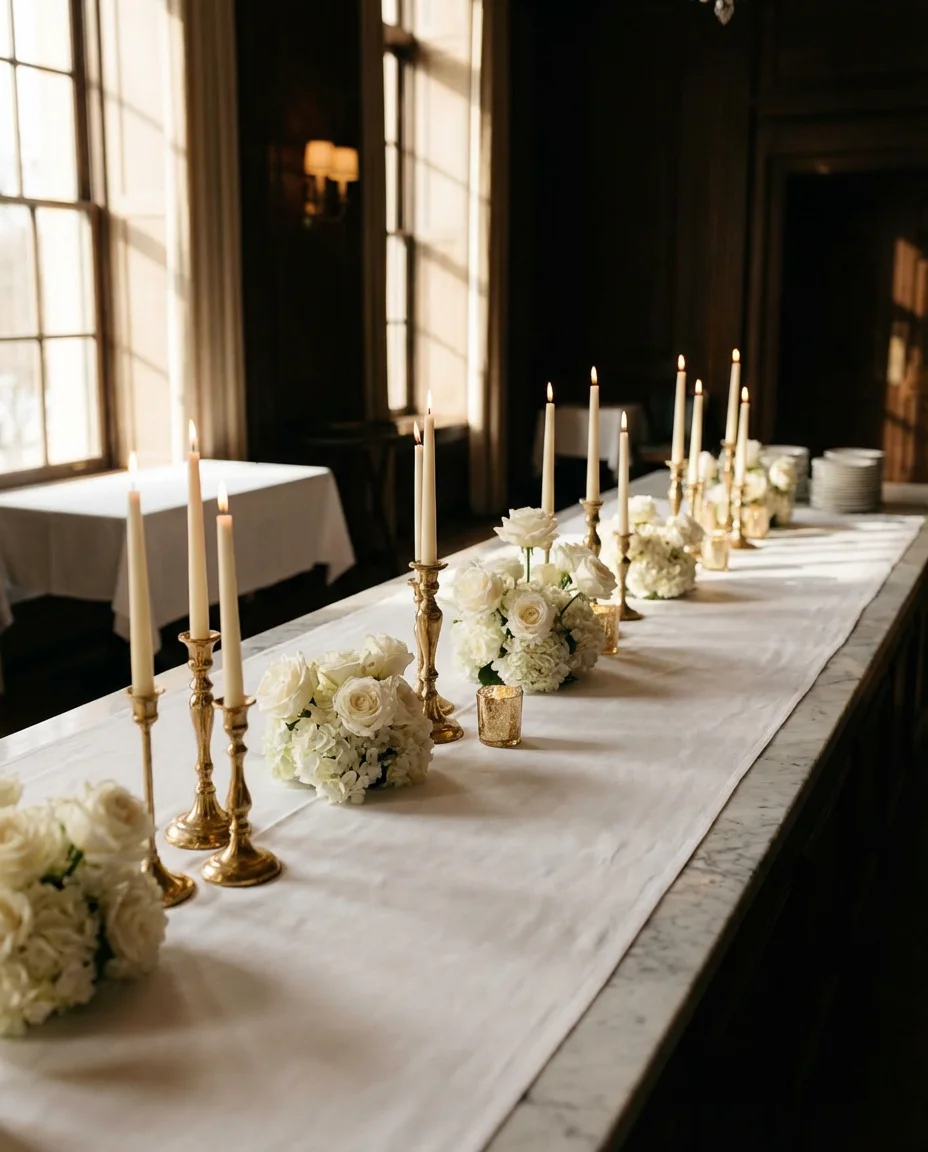 Elegant White Linen and Gold Candle Buffet 1
