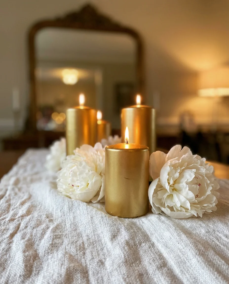 Elegant White Linen and Gold Candle Buffet 2