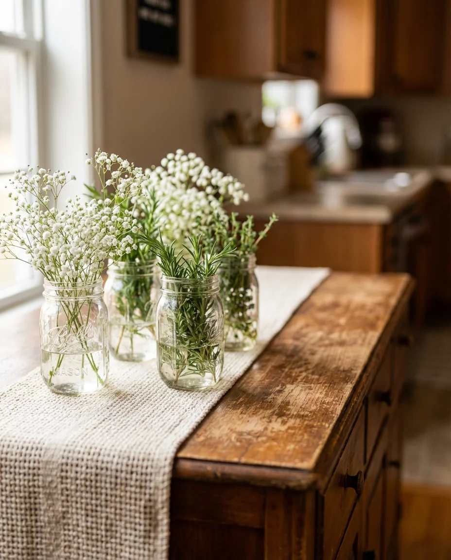 Farmhouse-Style Wooden Buffet with Mason Jars 2