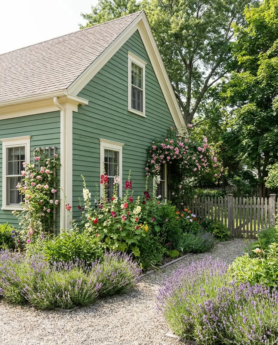 Green Painted Exterior With Cottage Landscaping 1