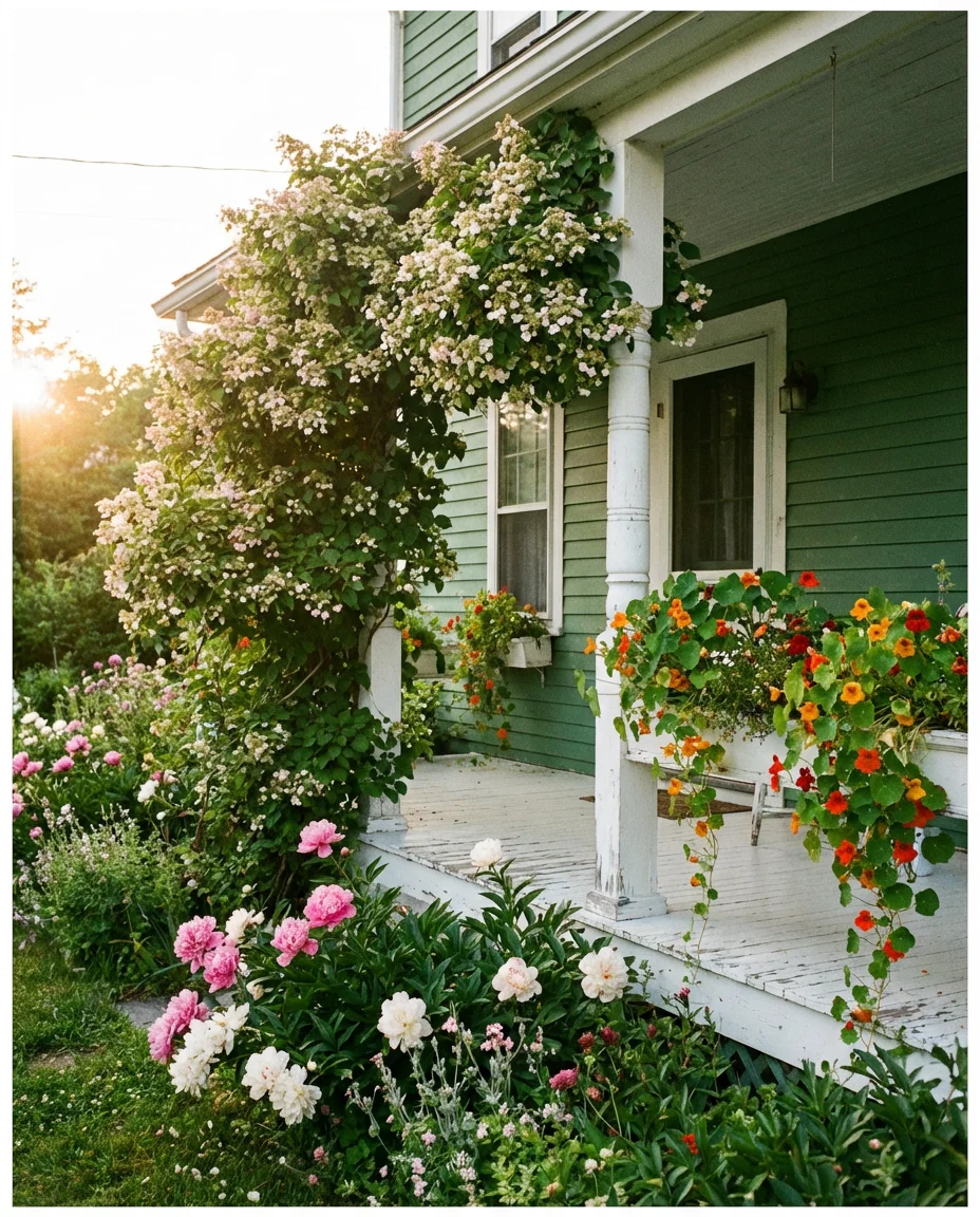 Green Painted Exterior With Cottage Landscaping 2
