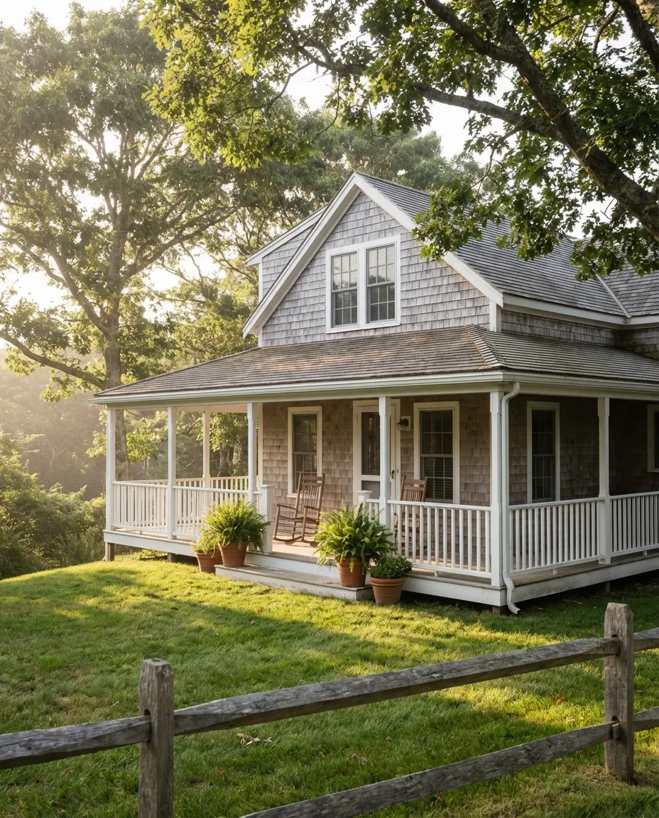 Grey Weathered Shingles With a Wraparound Porch 1