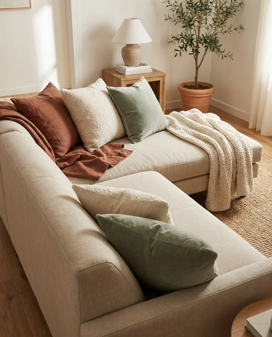 Layered Throw and Pillow Styling on a Neutral Sectional 1