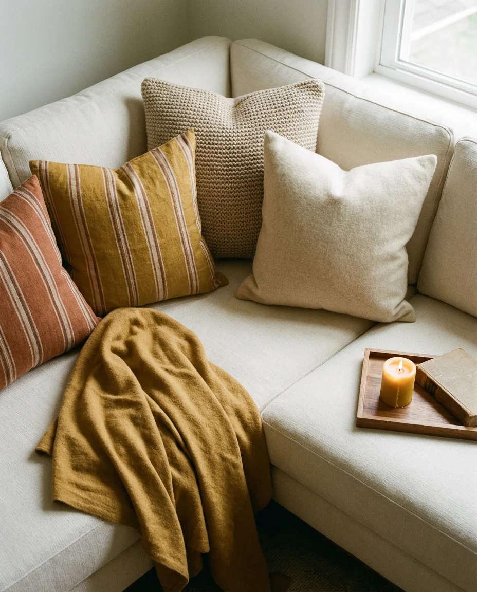 Layered Throw and Pillow Styling on a Neutral Sectional 2