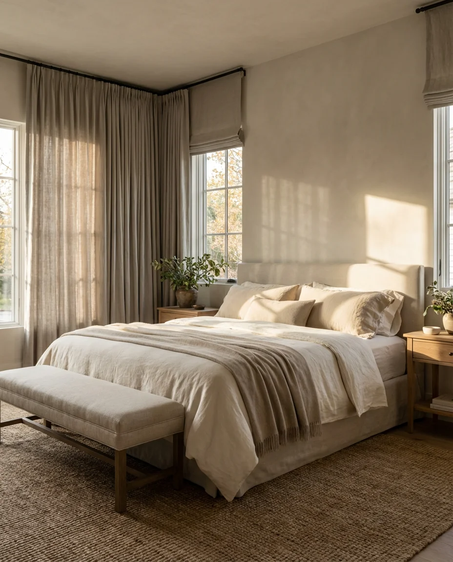 Neutral Greige Curtains for an Elegant Primary Bedroom 1