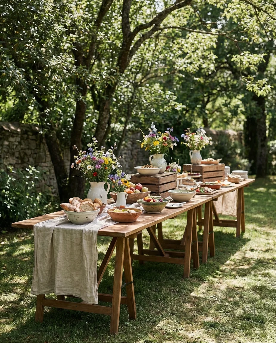 Outdoor Garden Party Buffet with Wildflower Arrangements 1