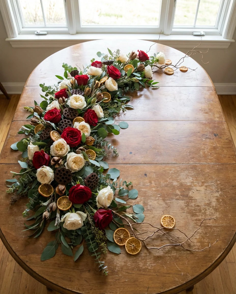 Oval Table Decor with an Asymmetric Floral Runner 1