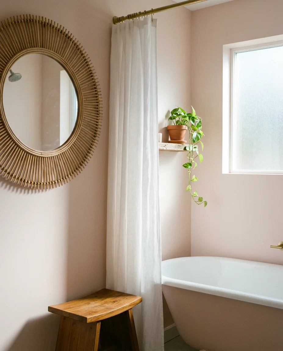 Pale Pink Bathroom With Rattan and Natural Wood 1