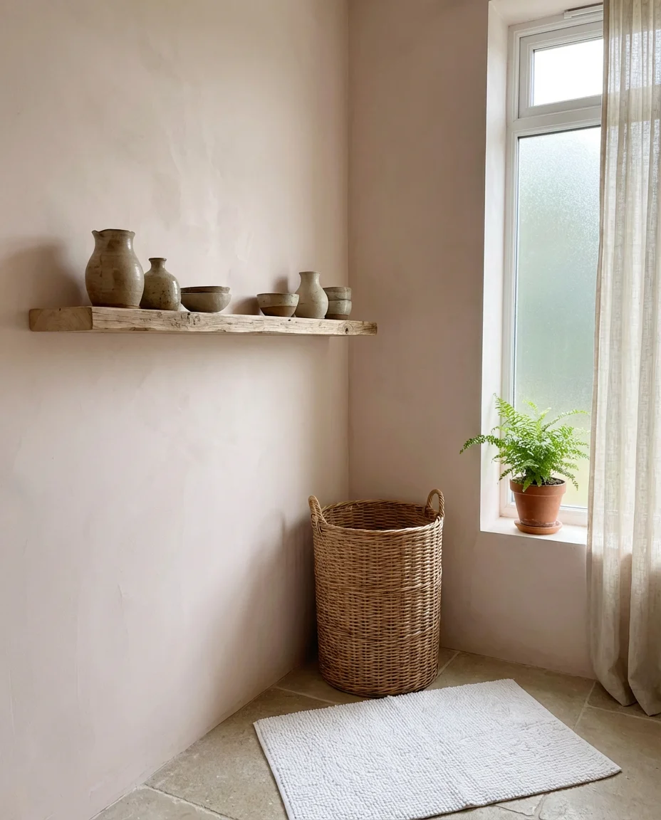 Pale Pink Bathroom With Rattan and Natural Wood 2