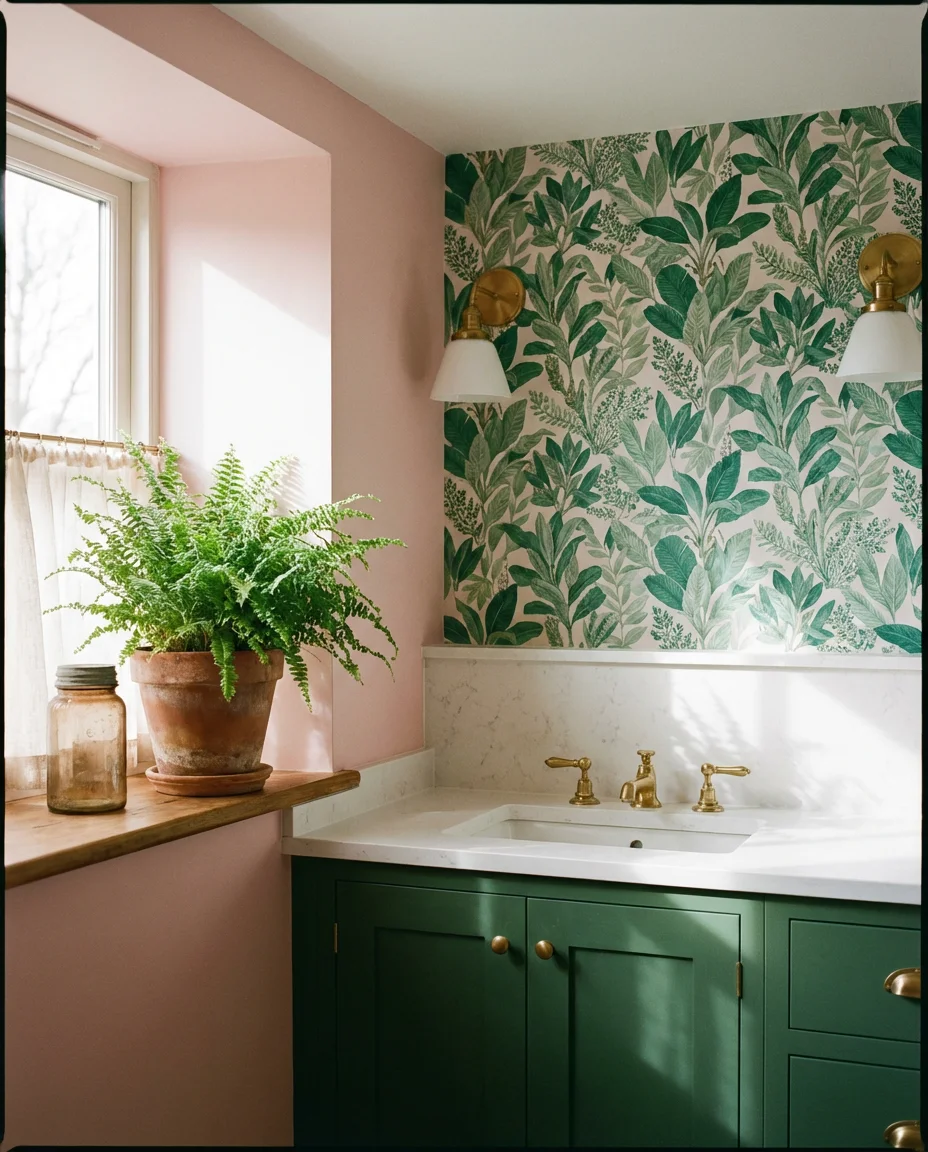 Pink and Green Botanical Bathroom 1