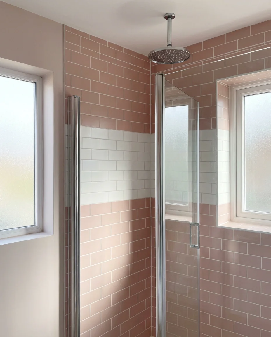 Pink and White Subway Tile Shower 1